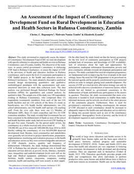 An Assessment of the Impact of Constituency Development Fund on Rural Development in Education and Health Sectors in Rufunsa Constituency, Zambia