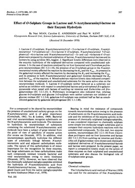 Effect of O-Sulphate Groups in Lactose and N-Acetylneuraminyl-Lactose on Their Enzymic Hydrolysis by Nasi MIAN, Caroline E