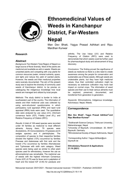 Ethnomedicinal Values of Weeds in Kanchanpur District, Far-Western Nepal Man Dev Bhatt, Yagya Prasad Adhikari and Ripu