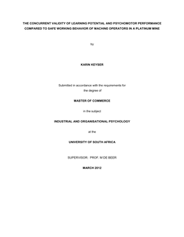 The Concurrent Validity of Learning Potential and Psychomotor Performance Compared to Safe Working Behavior of Machine Operators in a Platinum Mine