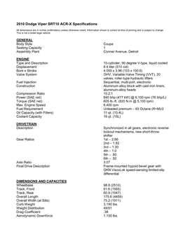 2010 Dodge Viper SRT10 ACR-X Specifications