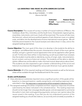 LLS 28000/MUS 1080: MUSIC in LATIN AMERICAN CULTURE SPRING-2014 Mon & Wed 10:00AM – 11:15PM Allwine Hall 303