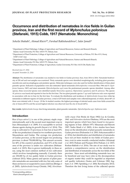 Occurrence and Distribution of Nematodes in Rice Fields in Guilan