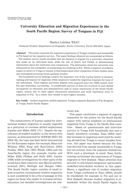 University Education and Migration Experiences in the South Pacific Region: Survey of Tongans in Fiji