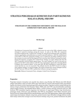 Strategi Pergerakan Komunis Dan Parti Komunis Malaya (Pkm), 1920-1989