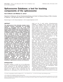 Spliceosome Database: a Tool for Tracking Components of the Spliceosome Ivan Cvitkovic and Melissa S