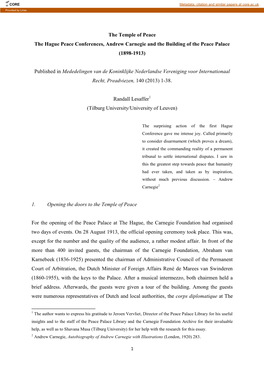 The Temple of Peace the Hague Peace Conferences, Andrew Carnegie and the Building of the Peace Palace (1898-1913)