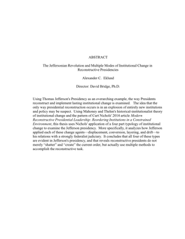 Thesis Uses Nichols' Application of a Four Part Typology of Institutional Change to Examine the Jefferson Presidency