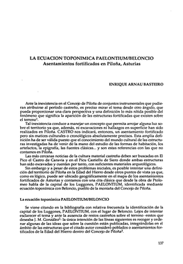 LA ECUACION TOPONIMICA PAELONTIUM/BELONCIO Asentamientos Fortificados En Piloria, Asturias