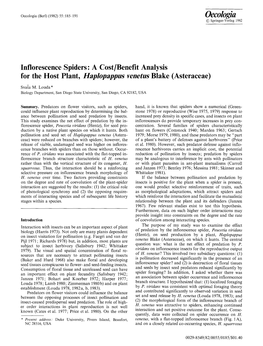 Inflorescence Spiders: a Cost/Benefit Analysis for the Host Plant, Haplopappus Venetus Blake (Asteraceae)