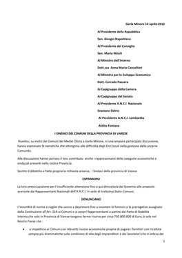 1 Gorla Minore 14 Aprile 2012 Al Presidente Della Repubblica Sen