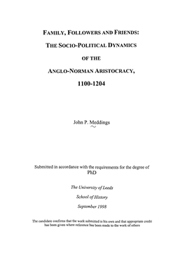 Family, Followers and Friends: the Socio-Political Dynamics of the Anglo-Norman Aristocracy, 1100-1204