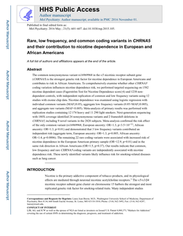 Rare, Low Frequency, and Common Coding Variants in CHRNA5 and Their Contribution to Nicotine Dependence in European and African Americans