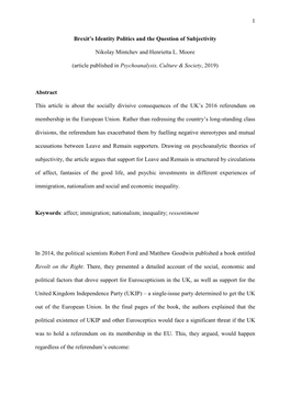 Brexit's Identity Politics and the Question of Subjectivity