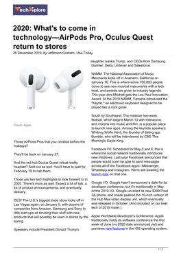 2020: What's to Come in Technology—Airpods Pro, Oculus Quest Return to Stores 26 December 2019, by Jefferson Graham, Usa Today