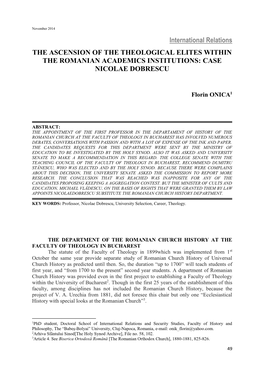 International Relations the ASCENSION of the THEOLOGICAL ELITES WITHIN the ROMANIAN ACADEMICS INSTITUTIONS: CASE NICOLAE DOBRESCU