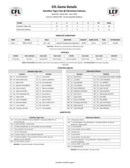 CFL Game Details Hamilton Tiger-Cats @ Edmonton Eskimos Week #2 - Game #16 - Year 2018 June 22, 2018-22:00 - Commonwealth Stadium