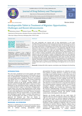 Journal of Drug Delivery and Therapeutics Orodispersible Tablet in Treatment of Migraine: Opportunities, Challenges and Recent A