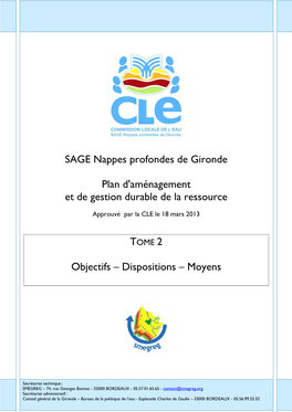 SAGE Nappes Profondes De Gironde Plan D'aménagement Et De Gestion Durable De La Ressource Objectifs