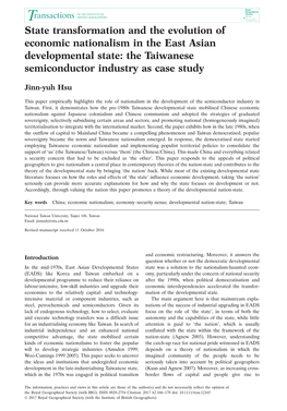 State Transformation and the Evolution of Economic Nationalism in the East Asian Developmental State: the Taiwanese Semiconductor Industry As Case Study