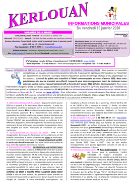 INFORMATIONS MUNICIPALES Du Vendredi 10 Janvier 2020 HORAIRES DE LA MAIRIE