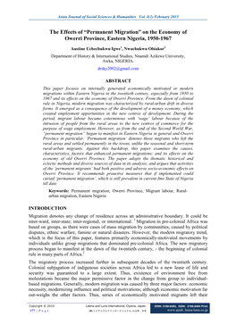 The Effects of “Permanent Migration” on the Economy of Owerri Province, Eastern Nigeria, 1950-1967