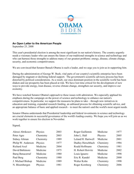 Nobelists for Obama Letter