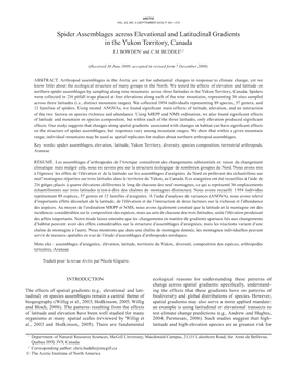 Spider Assemblages Across Elevational and Latitudinal Gradients in the Yukon Territory, Canada J.J