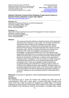 Attitude of Students Towards Online Shopping of Agricultural Products in Selected Tertiary Institutions in Ogun State, Nigeria