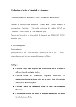 Mechanisms of Action of Vitamin D in Colon Cancer