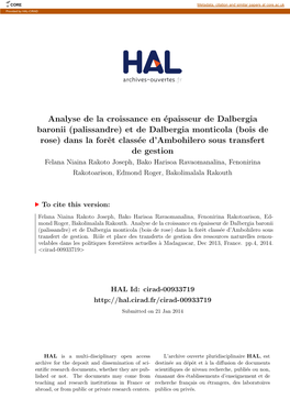 Analyse De La Croissance En Épaisseur De Dalbergia Baronii (Palissandre) Et De Dalbergia Monticola (Bois De Rose) Dans La Forê