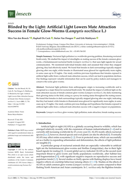 Artificial Light Lowers Mate Attraction Success in Female Glow-Worms (Lampyris Noctiluca