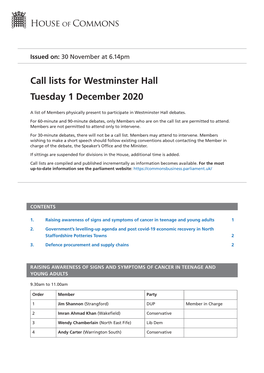 Call Lists for Westminster Hall Tuesday 1 December 2020