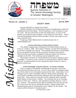 Spring 2004 Numbers 2:2 JGSGW Officers and Committee Chairs for 2003-2004 Hxpsm Mishpacha Is the Quarterly Publication of the President Benjamin C