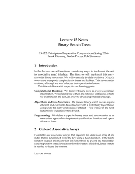 Lecture 15 Notes Binary Search Trees