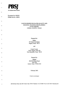 An Employee-Owned Company Document No. 020250 PBS&J Job No. 440951 CANYON RESERVOIR WATER QUALITY and REGIONAL WASTEWATER PL