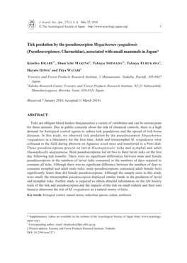 Tick Predation by the Pseudoscorpion Megachernes Ryugadensis (Pseudoscorpiones: Chernetidae), Associated with Small Mammals in Japan*