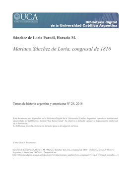 Mariano Sánchez De Loria, Congresal De 1816