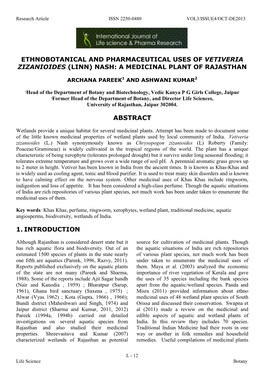 Ethnobotanical and Pharmaceutical Uses of Vetiveria Zizanioides (Linn) Nash: a Medicinal Plant of Rajasthan Abstract 1. Introduc