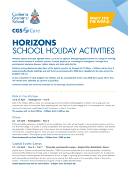 Horizons School Holiday Activities