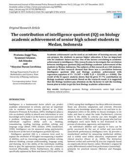 The Contribution of Intelligence Quotient (IQ) on Biology Academic Achievement of Senior High School Students in Medan, Indonesia