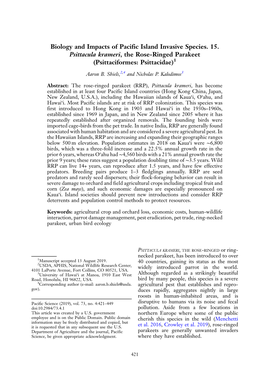 Biology and Impacts of Pacific Island Invasive Species. 15. Psittacula Krameri, the Rose-Ringed Parakeet (Psittaciformes: Psittacidae)1
