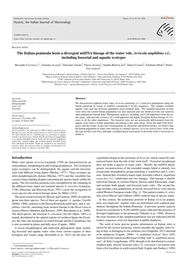 The Italian Peninsula Hosts a Divergent Mtdna Lineage of the Water Vole, Arvicola Amphibius S.L., Including Fossorial and Aquatic Ecotypes