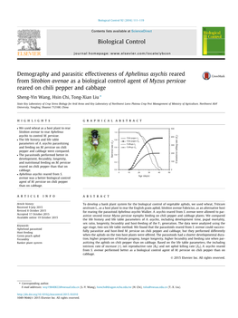 Demography and Parasitic Effectiveness of Aphelinus Asychis Reared from Sitobion Avenae As a Biological Control Agent of Myzus P