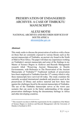 Preservation of Endangered Archives: a Case of Timbuktu Manuscripts