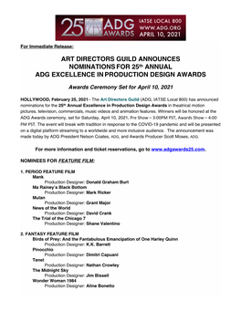 Art Directors Guild Announces Nominationsfor