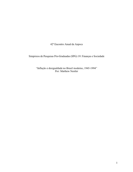 Inflação E Desigualdade No Brasil Moderno, 1945-1994” Por: Matthew Nestler