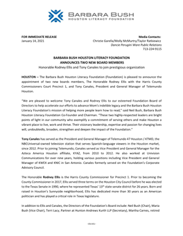 BARBARA BUSH HOUSTON LITERACY FOUNDATION ANNOUNCES TWO NEW BOARD MEMBERS Honorable Rodney Ellis and Tony Canales to Join Prestigious Organization