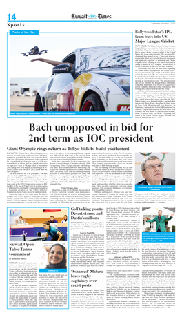 Bach Unopposed in Bid for 2Nd Term As IOC President