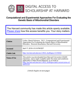 Computational and Experimental Approaches for Evaluating the Genetic Basis of Mitochondrial Disorders